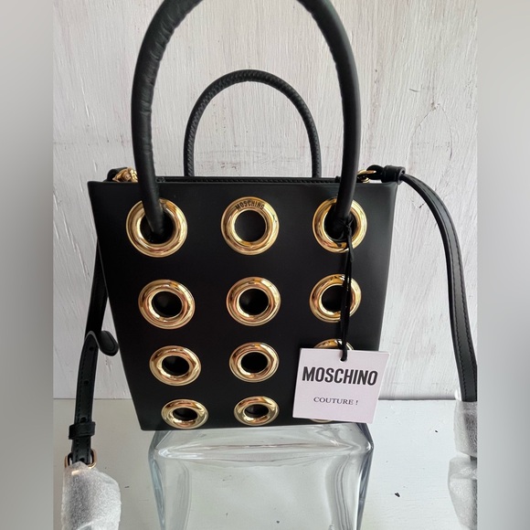 MOSCHINO Heart of Wool Leather Shoulder Bag- Black Gold - Picture 4 of 15